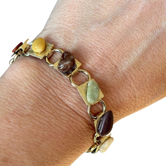 Natural Stone Link Bracelet Vintage Gold Tone Polished Gemstones - Picture 1 of 7